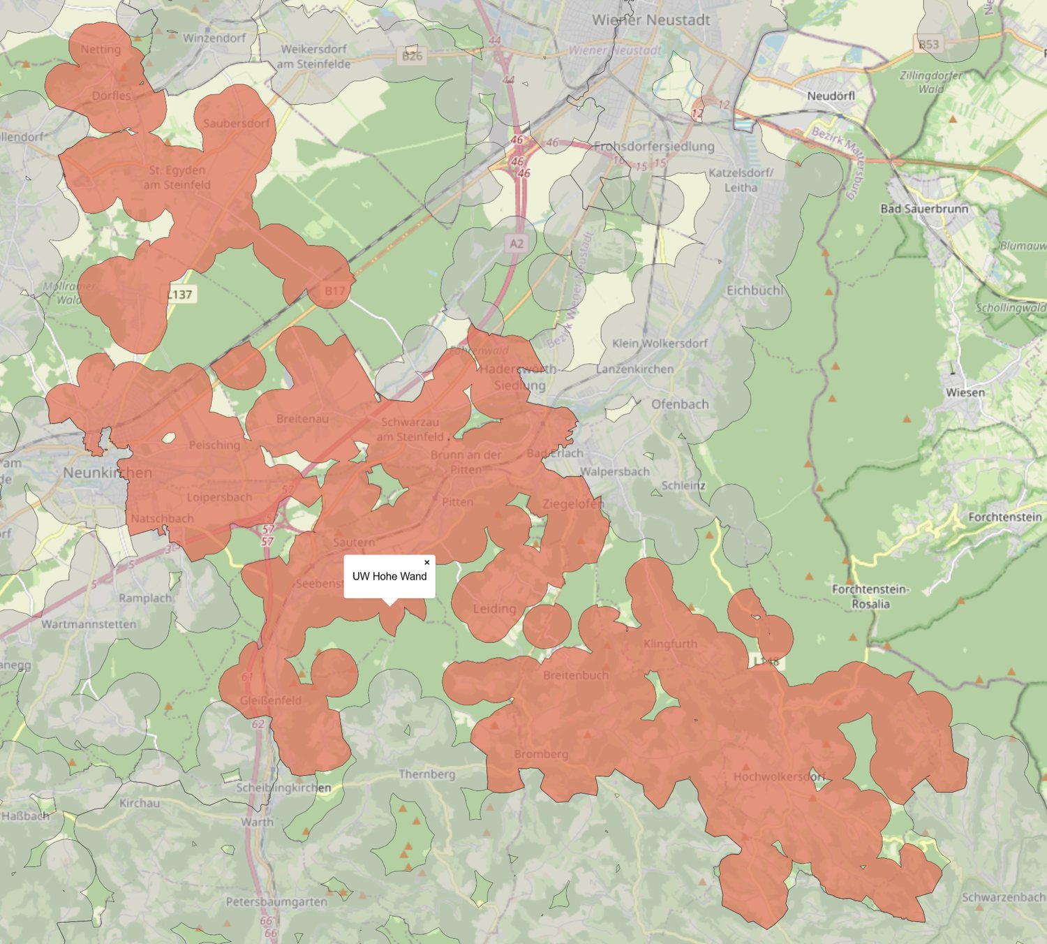 Karte des Versorgungsgebiets – Umspannwerk Hohe Wand rund um Bad Erlach